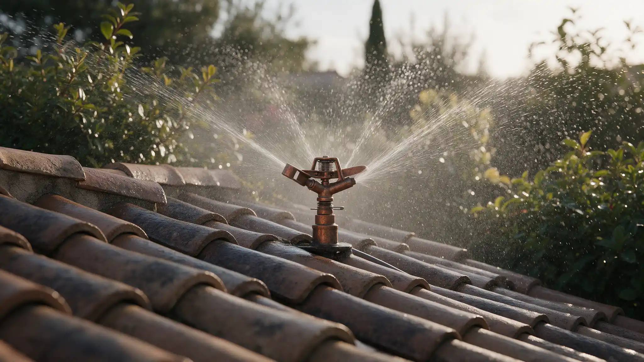 Rooftop sprinkler system wetting a home's tile roof as a wildfire burns on nearby hills