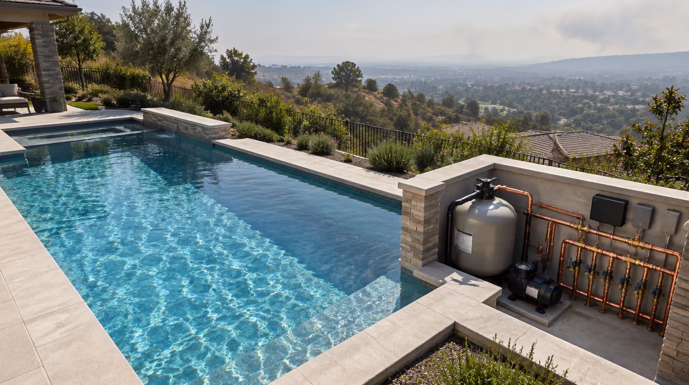 Rooftop sprinkler system wetting a home's tile roof as a wildfire burns on nearby hills