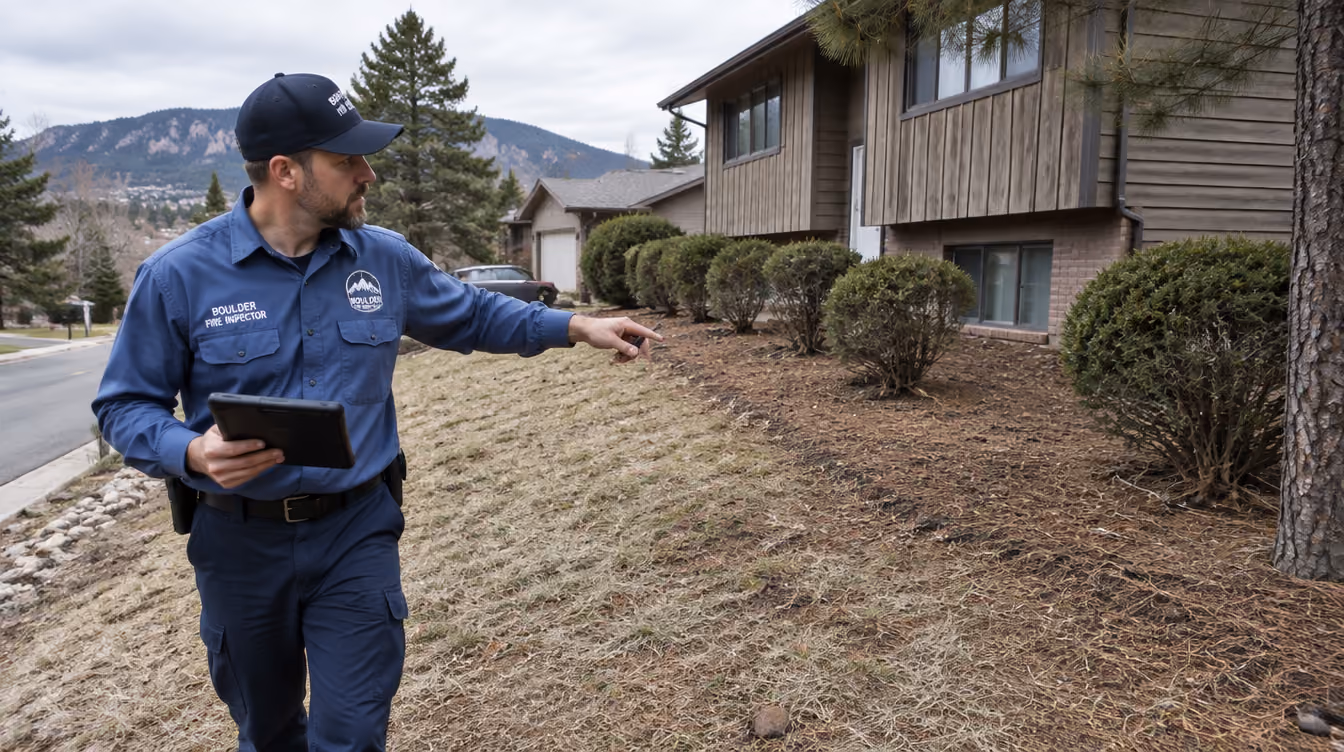 Rooftop sprinkler system wetting a home's tile roof as a wildfire burns on nearby hills