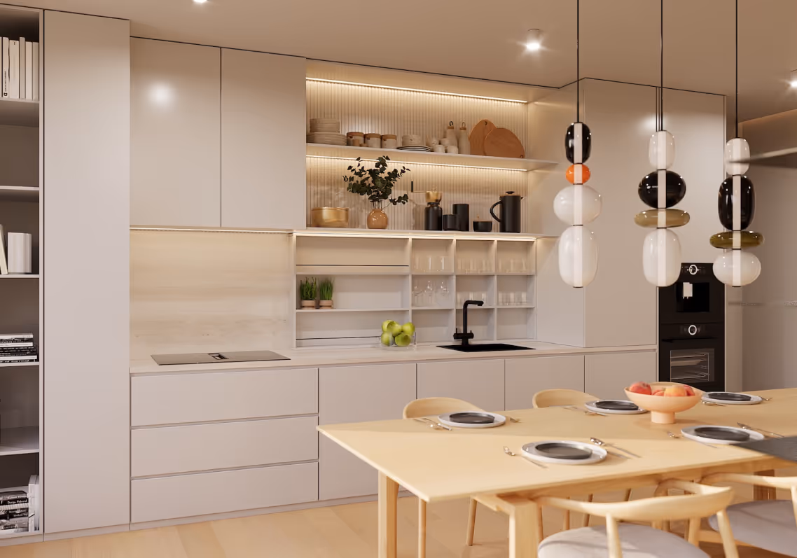 Interiér bytu ECOVILLA – obývací pokoj s kuchyníí