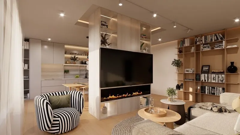 Interiér bytu ECOVILLA – obývací pokoj s krbem a televizí