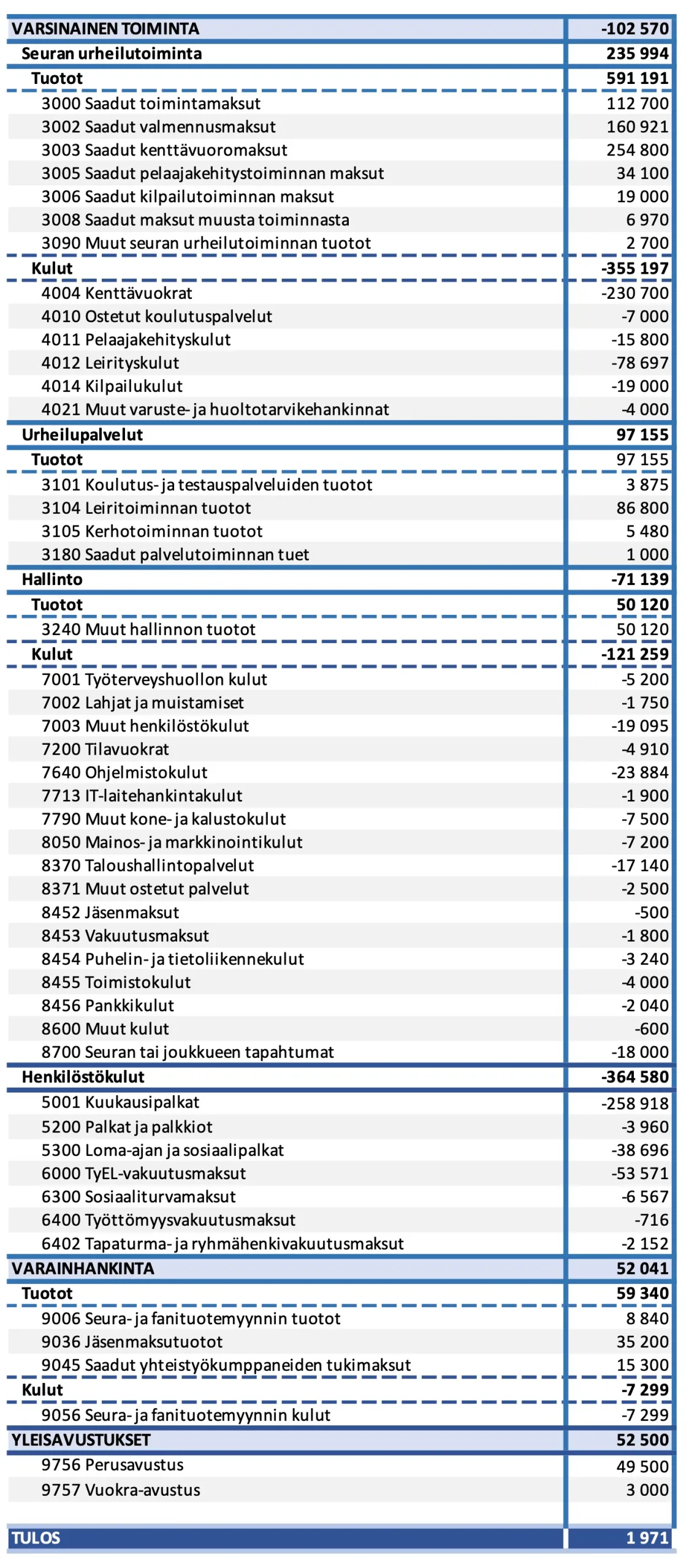 Budget 1.11.2025–31.10.2026 at account level: core activities −102 570 €, fundraising 52 041 €, general grants 52 500 €, result 1 971 €.