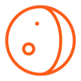 Orange outline of yin yang symbol with a dot in each half on a transparent background.