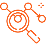 Orange magnifying glass connected to nodes symbolizing data analysis or network search.