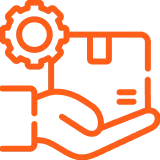 Orange hand holding a package box with a gear icon above, symbolizing package management.
