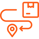 Orange delivery truck icon connected to a location pin and package via arrows.