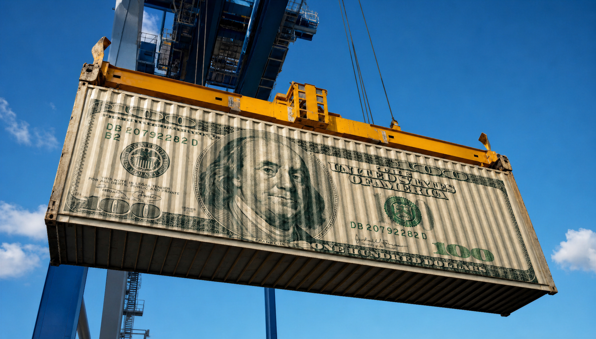 Shipping container with a US dollar design being lifted by a crane.