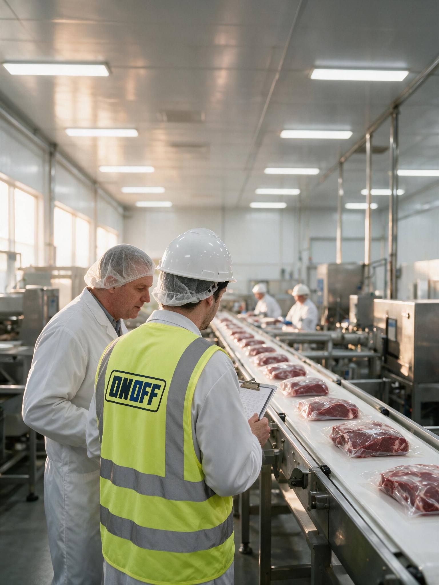 ONOFF representative inspecting a meat processing line with factory workers.
