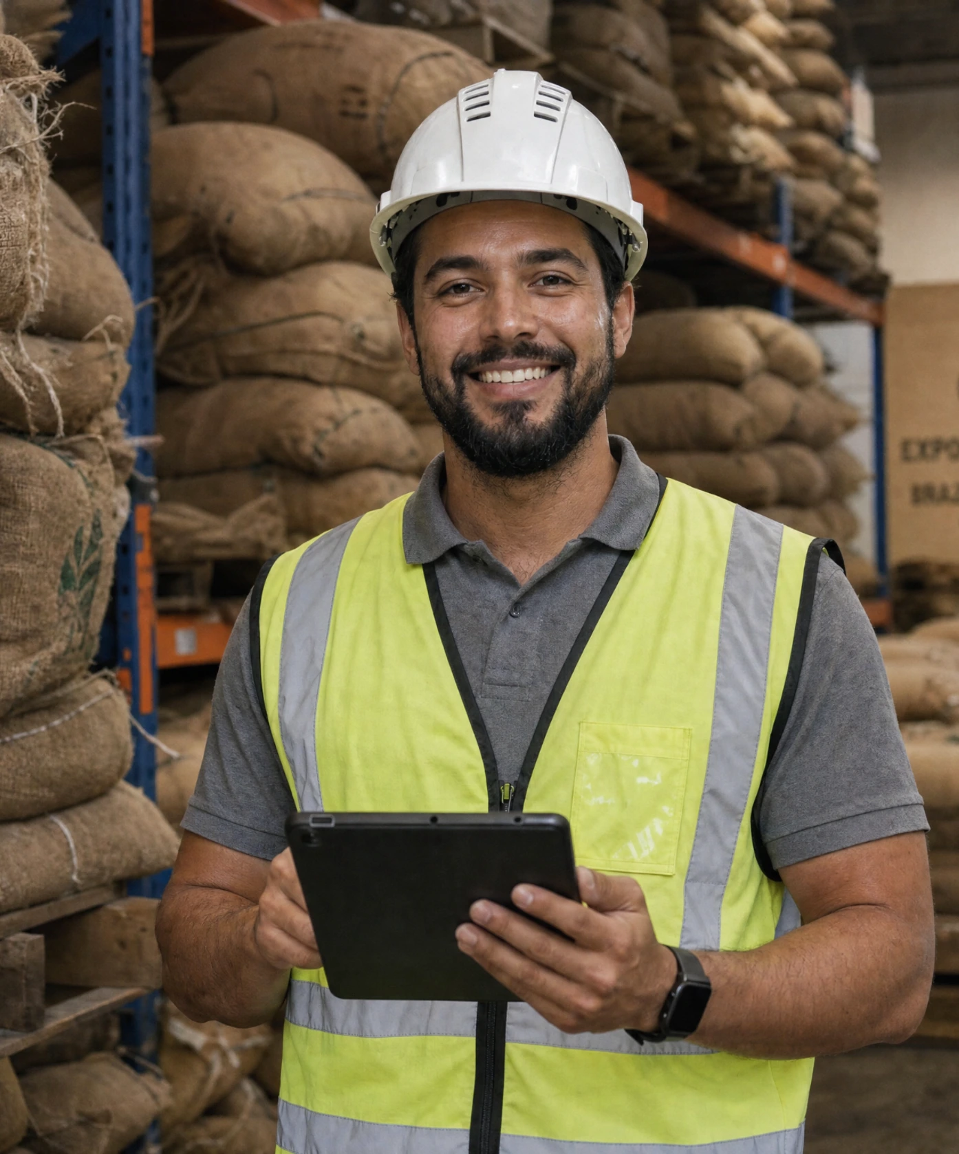 Warehouse worker holding a tablet beside stacked coffee sacks ready for export.
