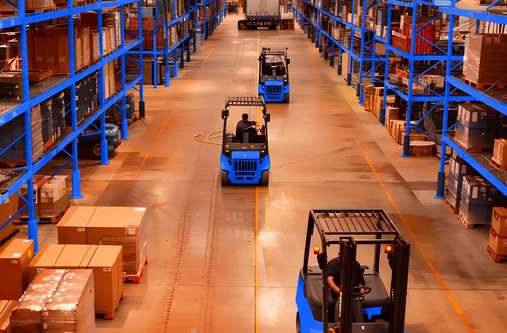 Workers operating blue forklifts between blue warehouse shelves and stacked cardboard boxes.