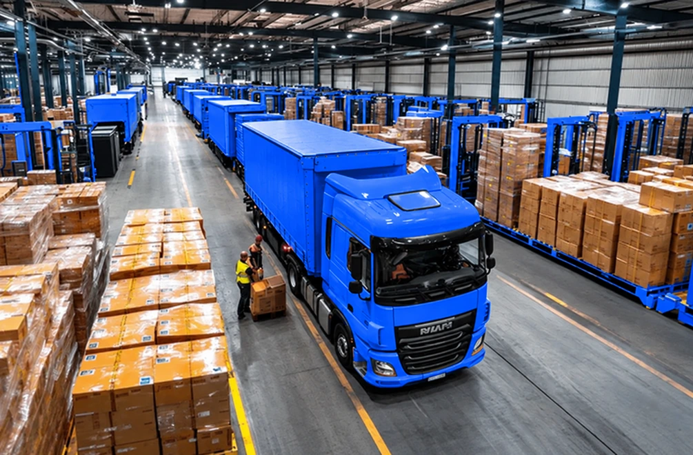 Blue trucks and warehouse equipment beside stacked cartons, with workers preparing shipments.