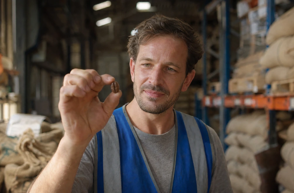 Warehouse worker in a blue vest inspecting a coffee bean beside stacked sacks.