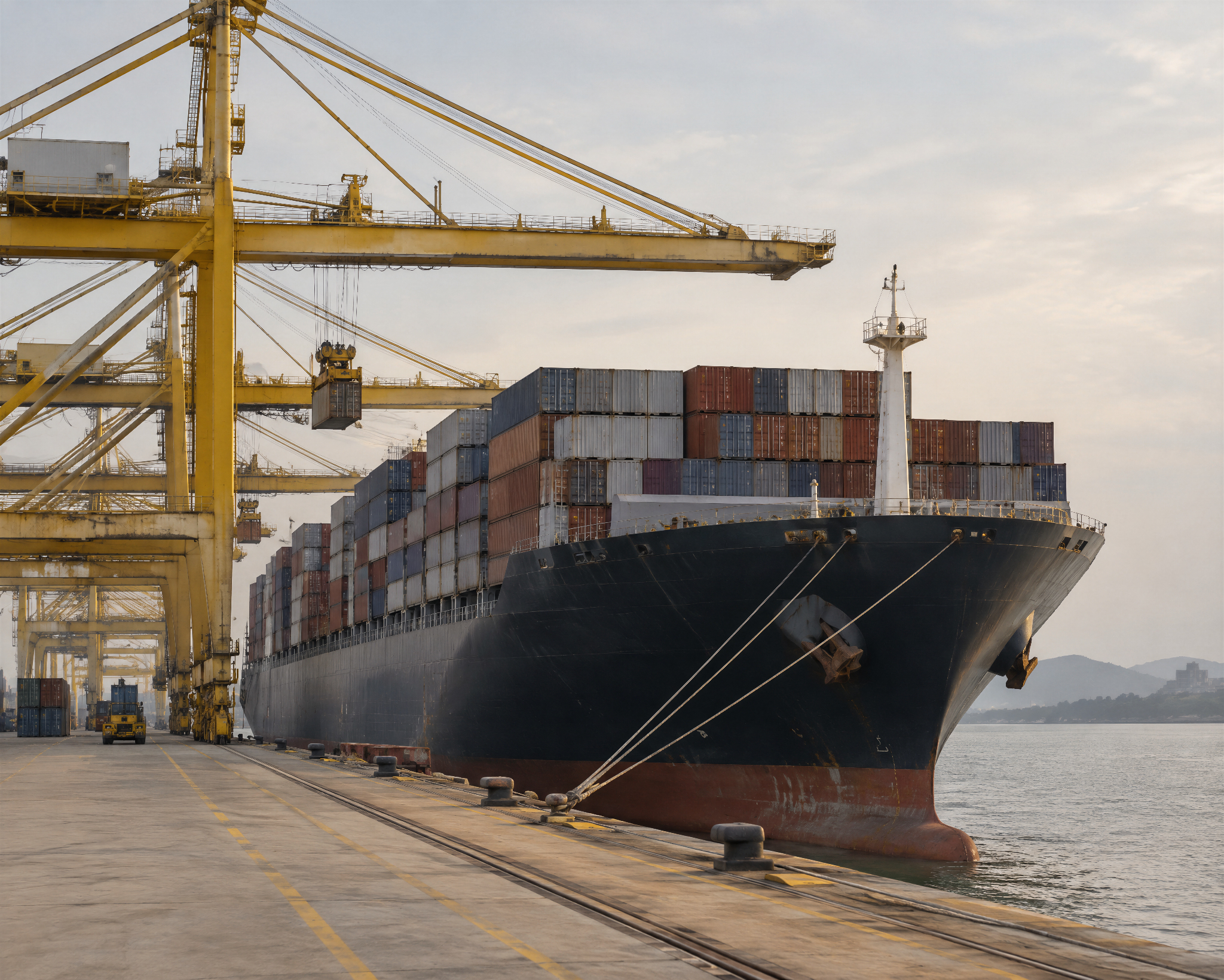 Container ship docked beside port cranes with freight containers on deck.