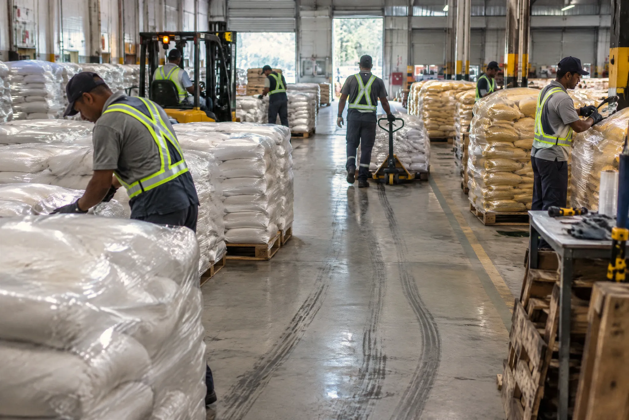 Warehouse team handling and inspecting palletised goods.