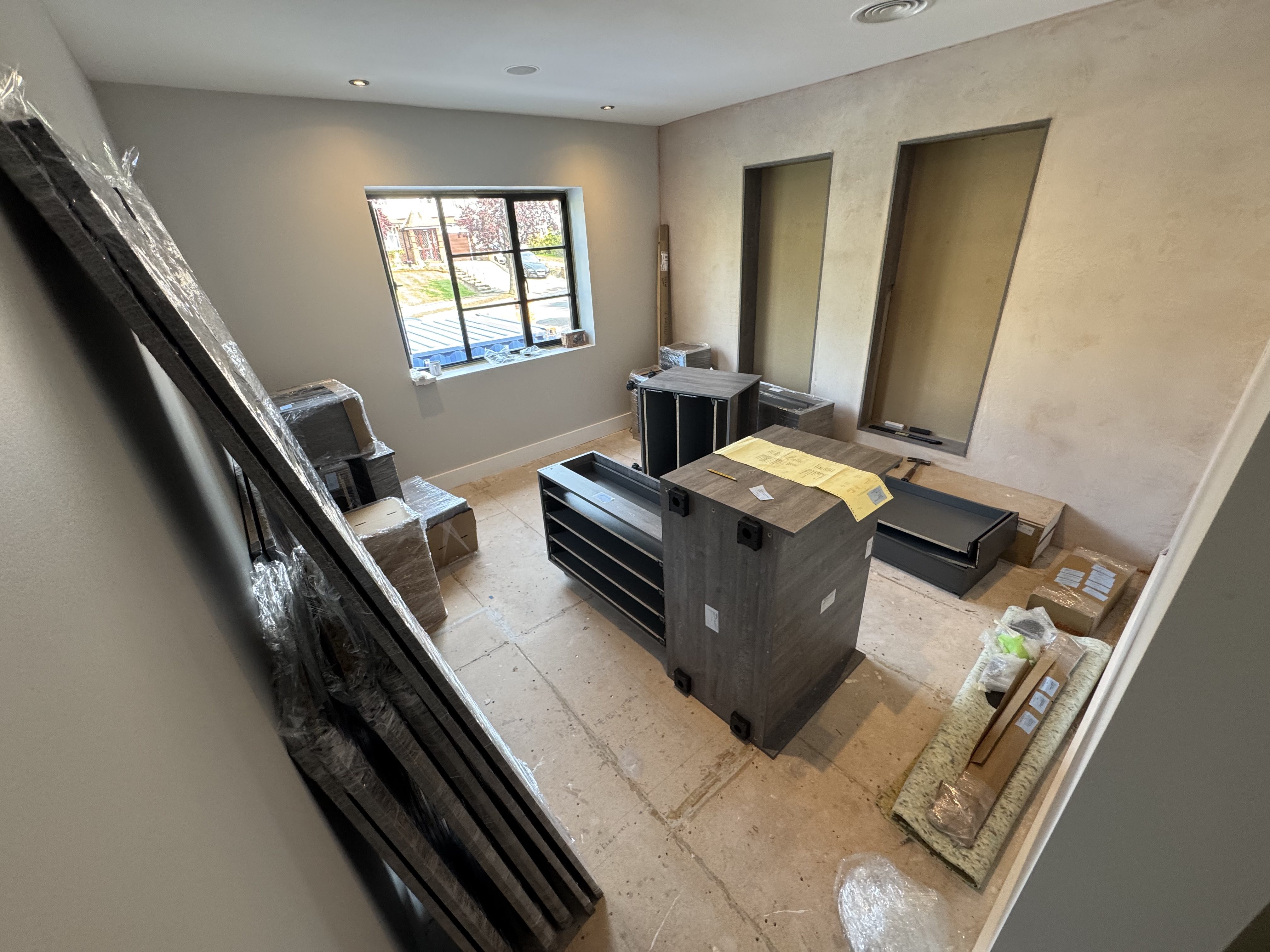 Bespoke dressing-room joinery components being installed at Thornhill
