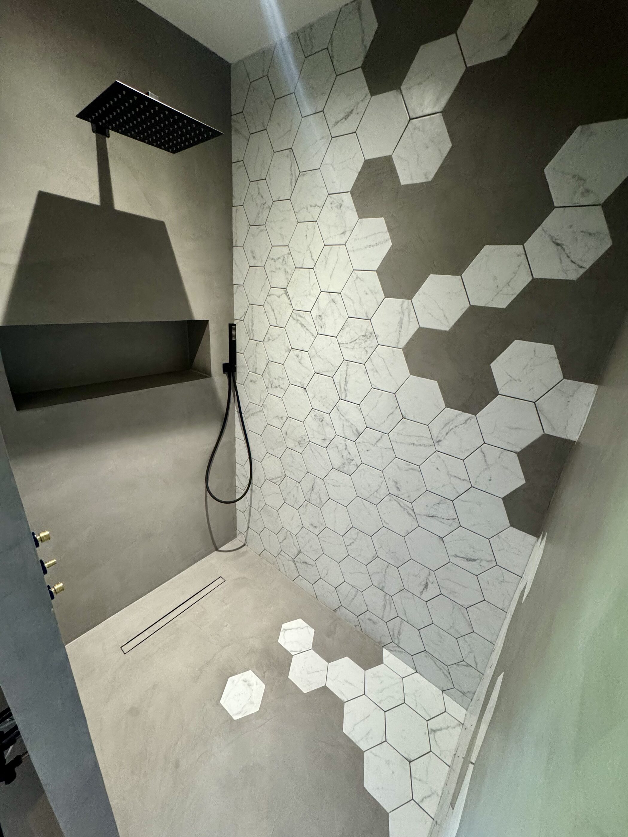 Thornhill walk-in shower with geometric tiling