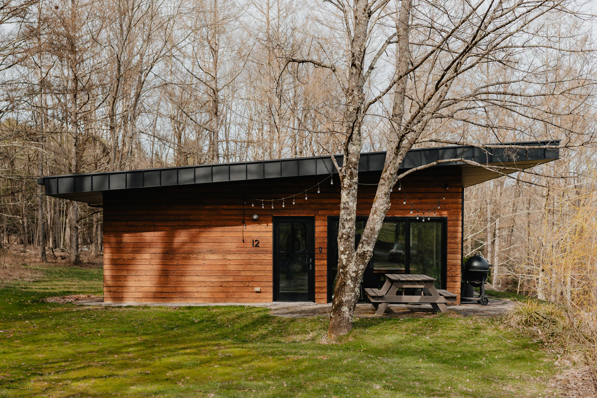 Cabane de jardin en bois à toit plat débordant et bardage horizontal, avec baie vitrée et table de pique-nique