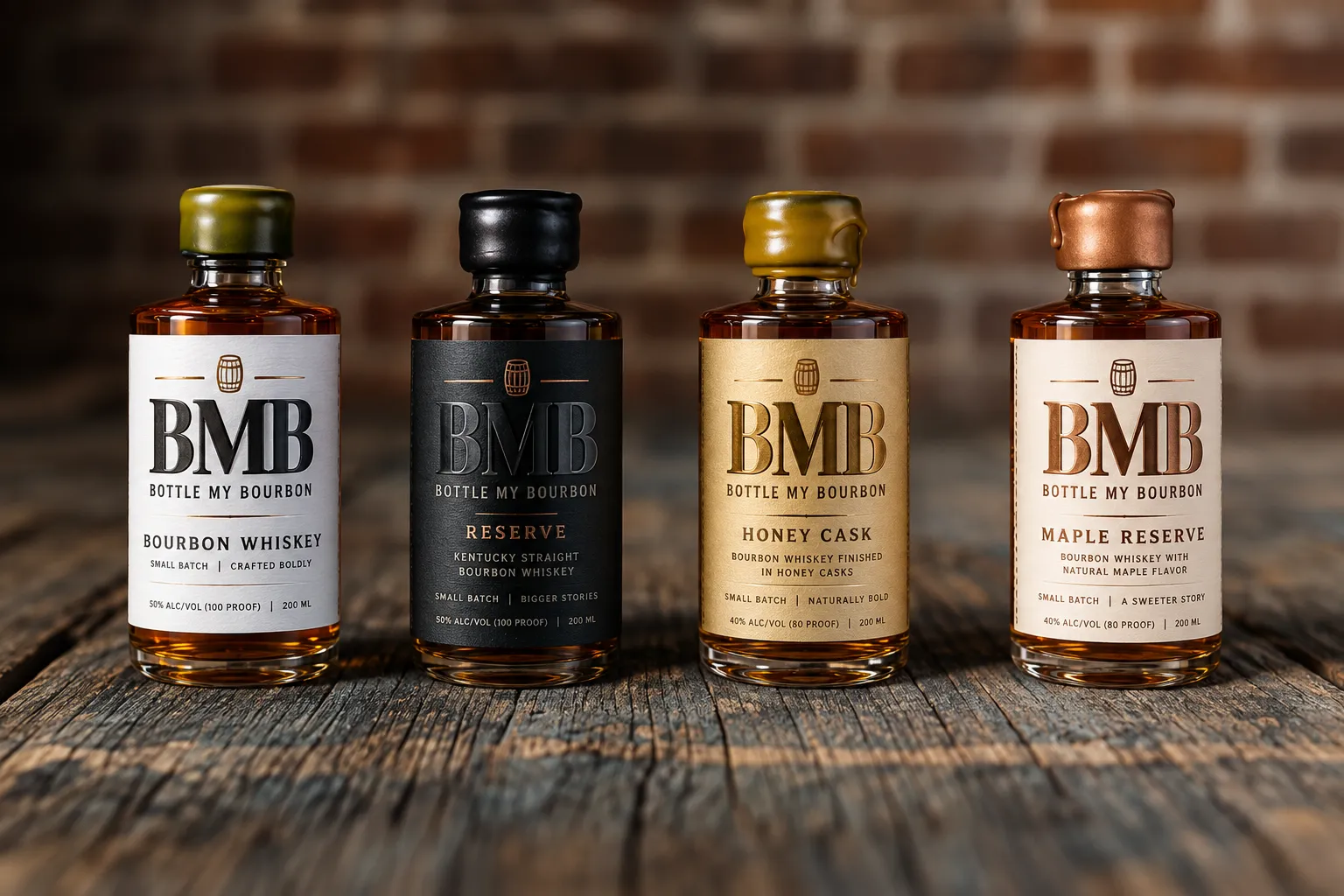 Four illustrative Bottle My Bourbon sample bottle designs arranged on a wooden table.