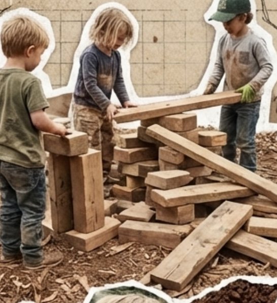 Kids stacking wooden blocks and beams