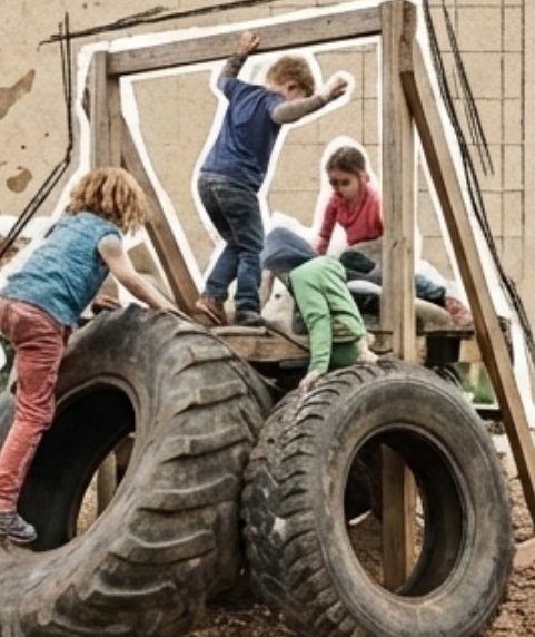 Kids climbing on giant tires