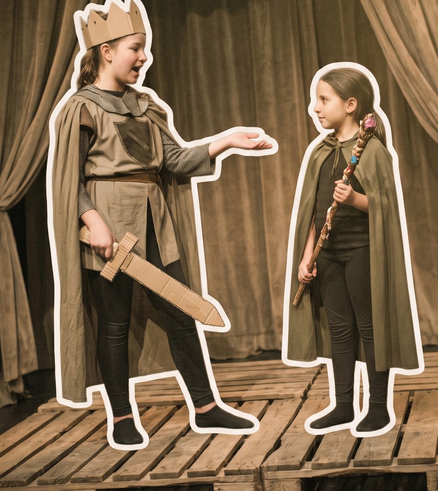 Two girls laughing as they perform together on a stage