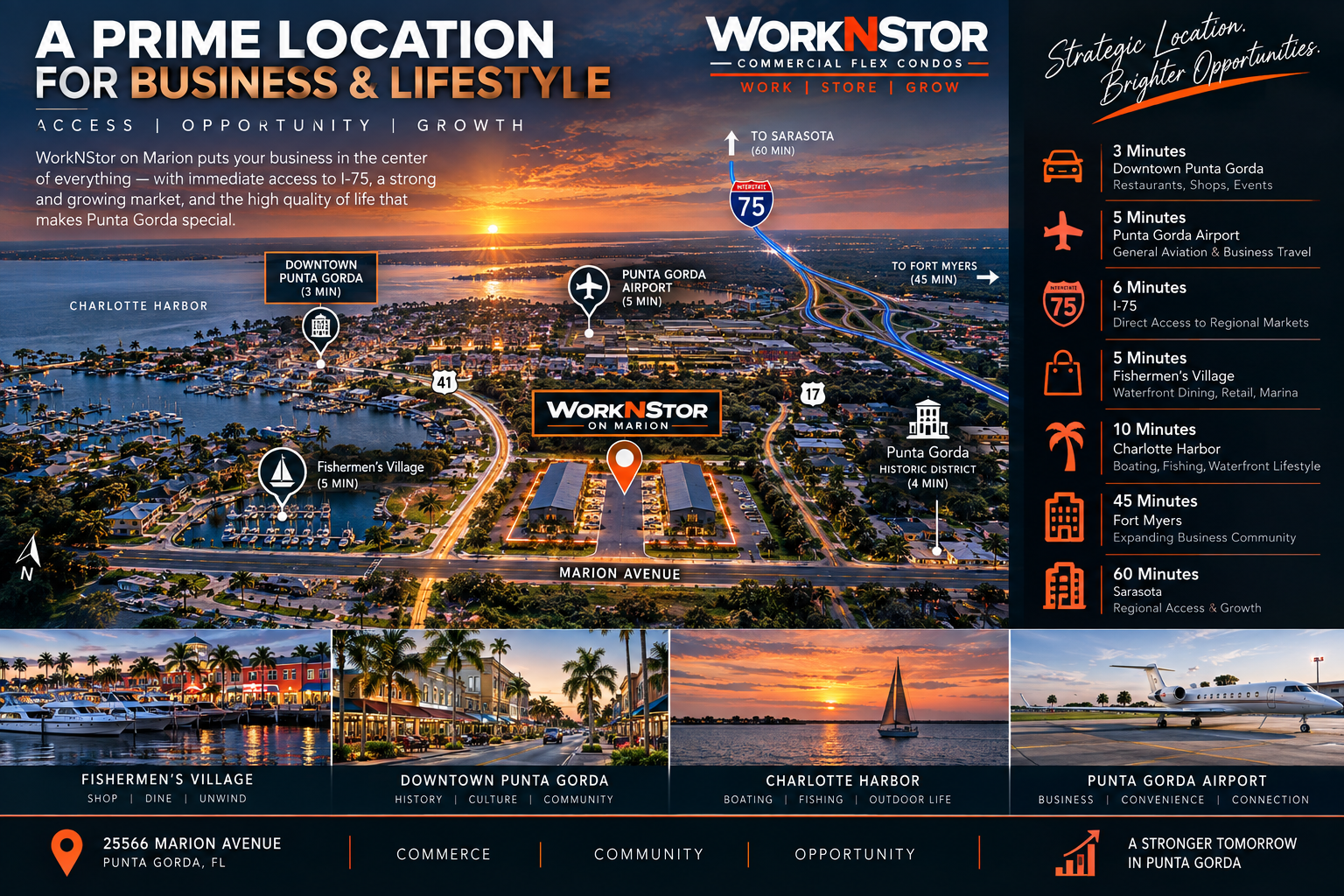 Illustrated aerial map showing WorkNStor on Marion near downtown Punta Gorda, Punta Gorda Airport, I-75, Fishermen’s Village, Charlotte Harbor, Fort Myers and Sarasota