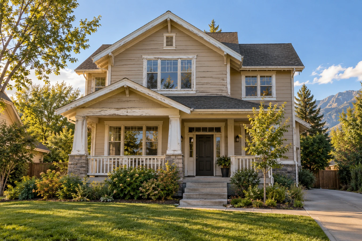 Realistic Utah craftsman home with the Wasatch mountains behind it