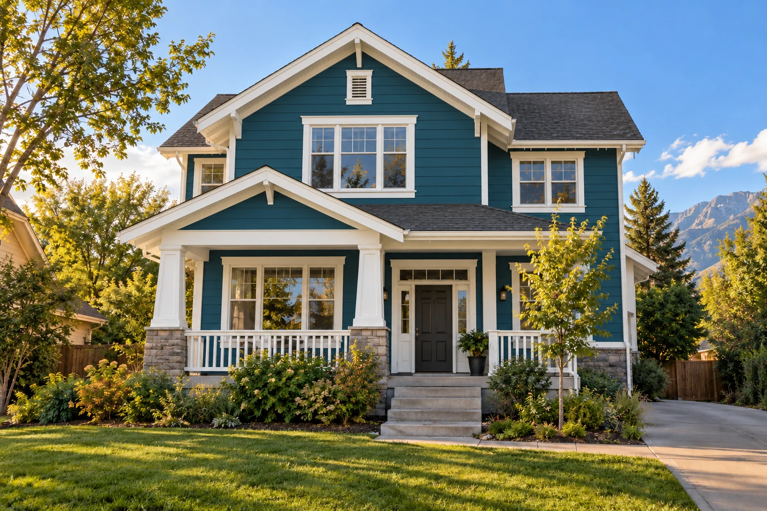 Realistic Utah craftsman home with white trim and mountains in the background