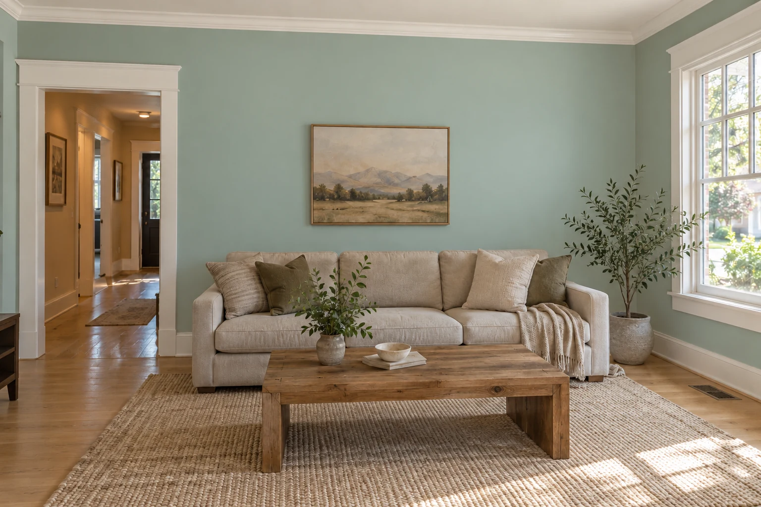 Furnished room with a coordinated neutral wall color