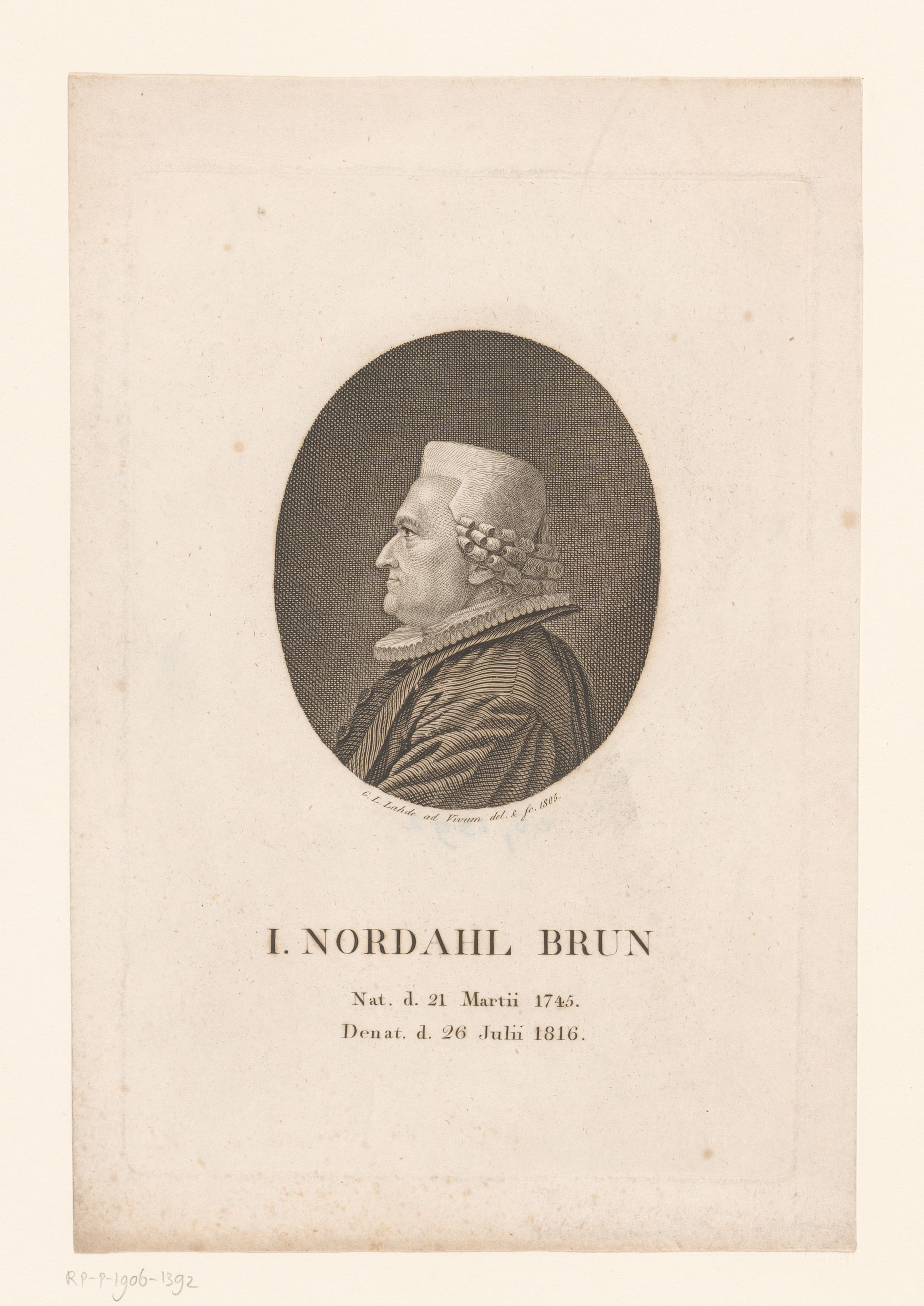Portrett av Johan Nordahl Brun, gravert av Gerhard Ludwig Lahde i 1805.