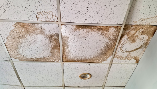Water-stained ceiling tiles in a commercial building