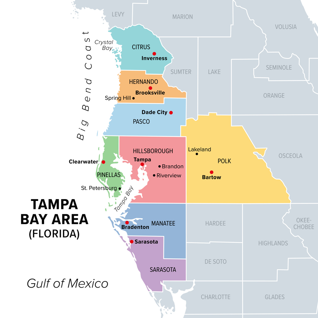 Map of the Tampa Bay core service area: Hillsborough, Pinellas, and Pasco counties