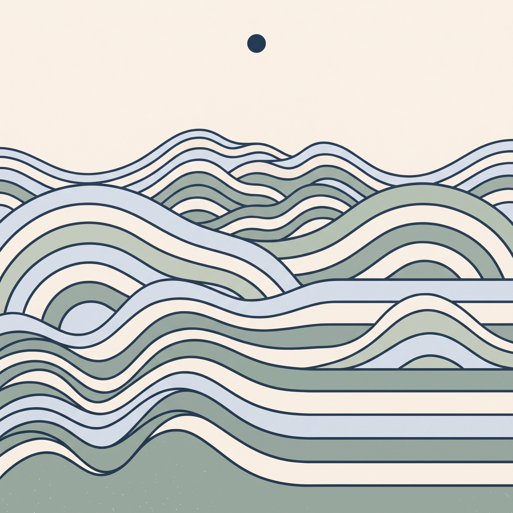 Illustration: layered waves easing downward and flattening out, one small circle above