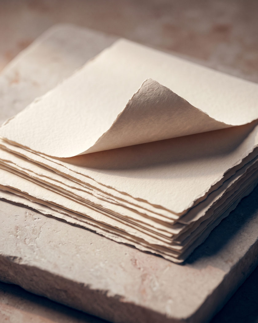 A stack of deckle-edged cream paper resting on a pale stone slab, the top sheet curled back.