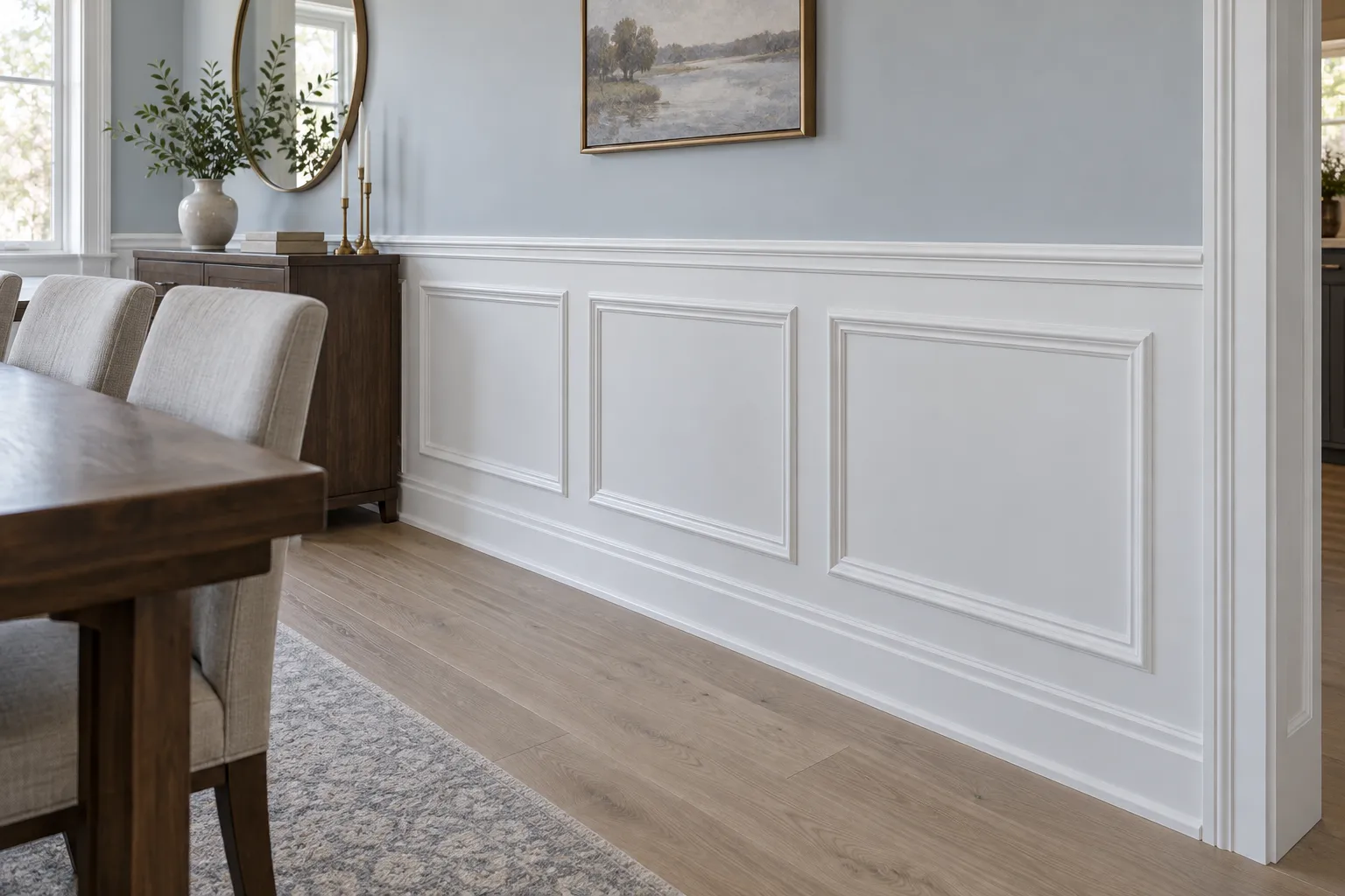 White picture-frame wainscoting beneath a blue-grey dining-room wall