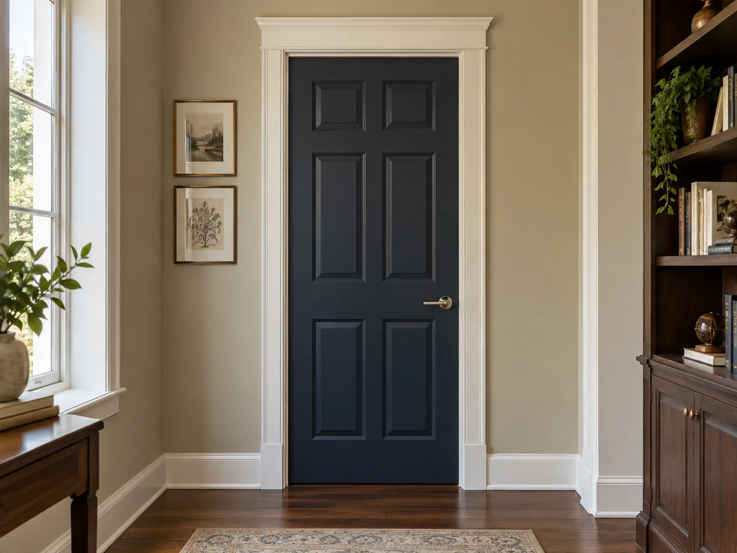 Dark panelled interior door framed by white casing in a light hallway