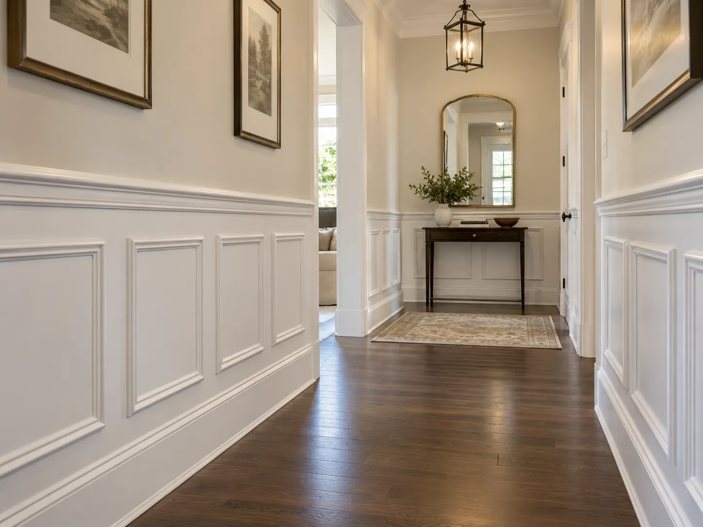 White picture-frame wainscoting along a narrow hallway