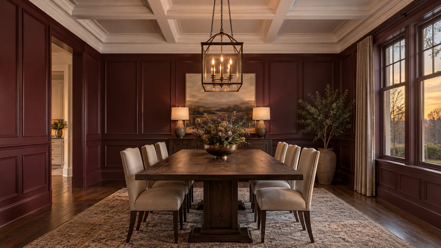 Dining room panelling and coffered ceiling