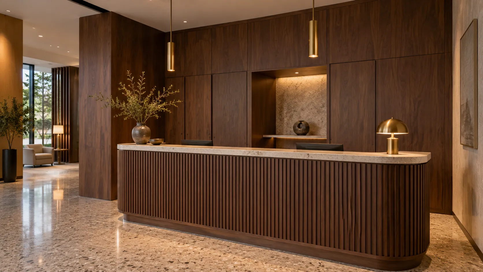 Walnut hotel reception millwork