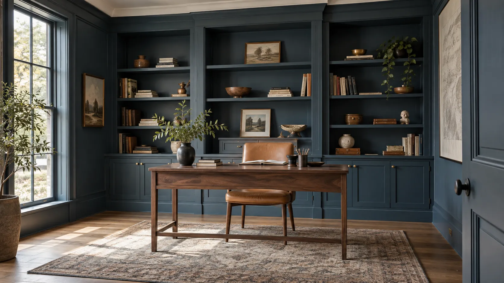 Navy home office built-ins and trim
