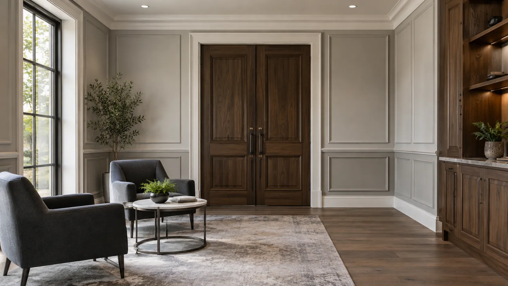 Lounge with walnut doors and wall panelling