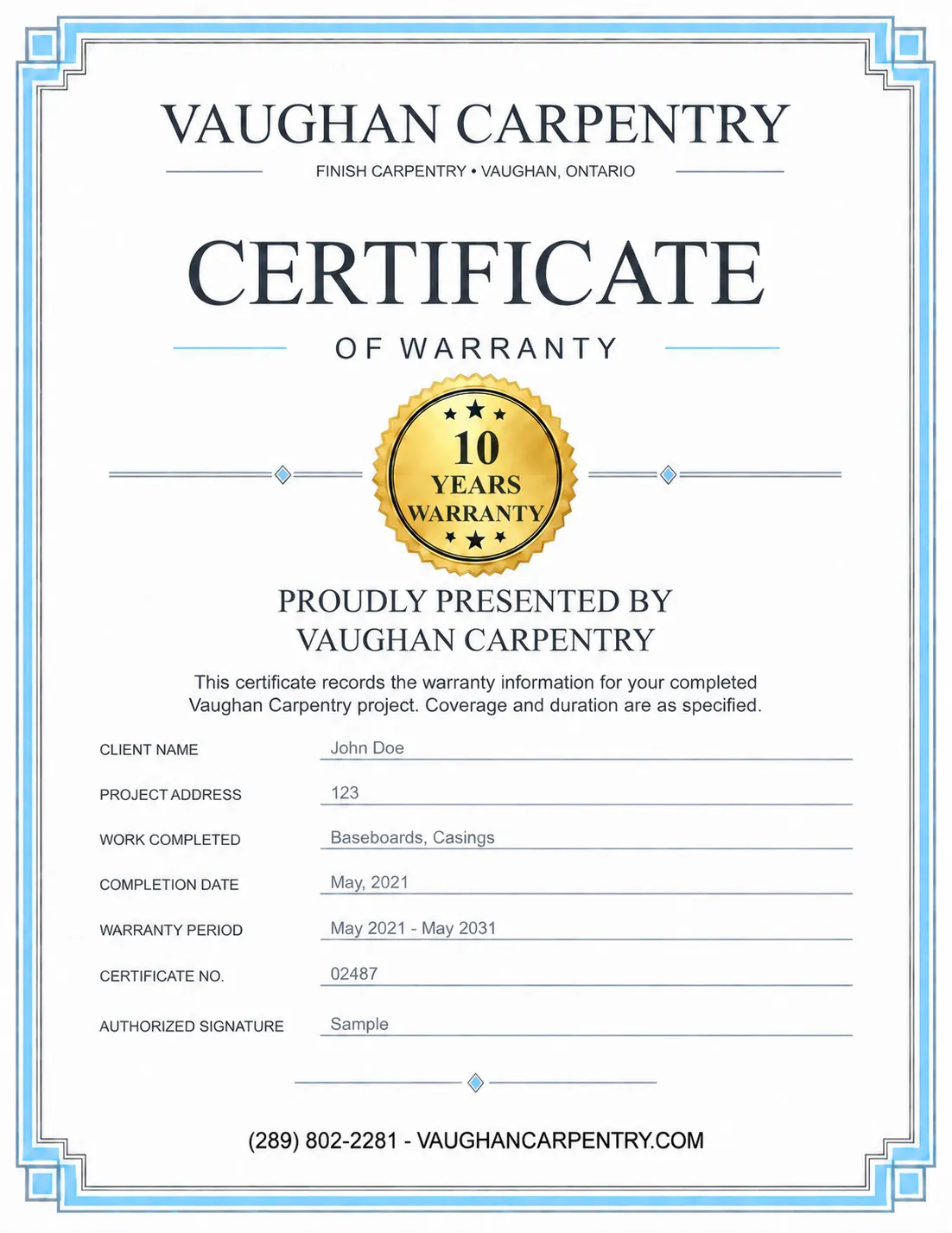 Sample Vaughan Carpentry 10-year workmanship warranty certificate