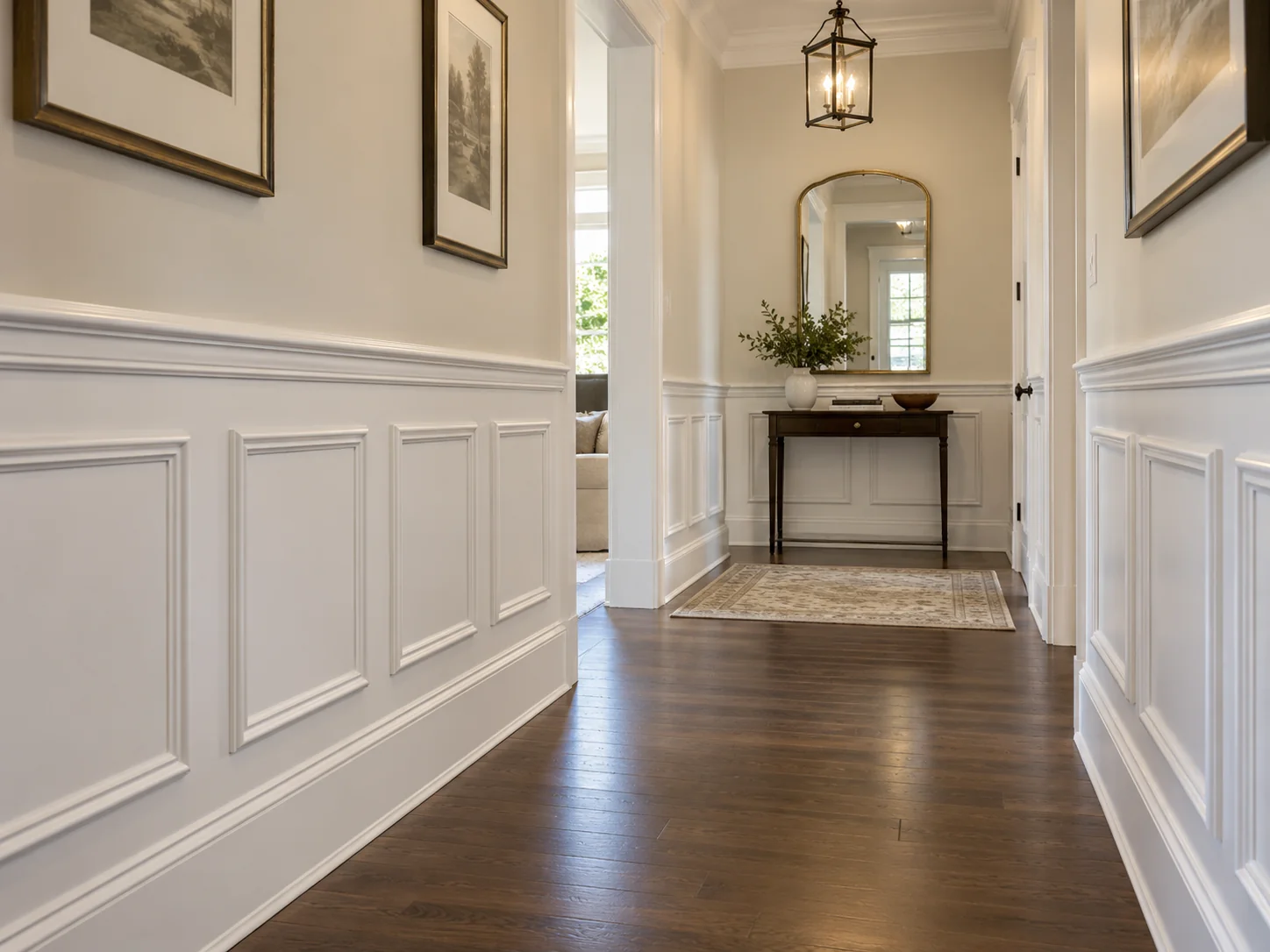 White picture-frame wainscoting along a narrow hallway