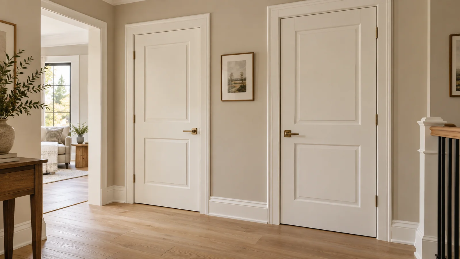 Two white two-panel interior doors with matching casings and brass handles