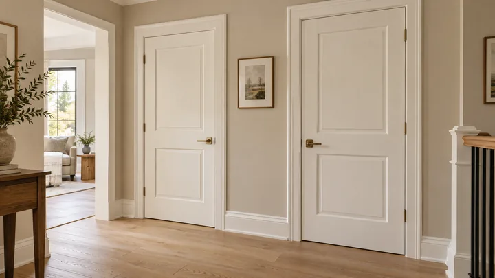 Two white two-panel interior doors with matching casings and brass handles