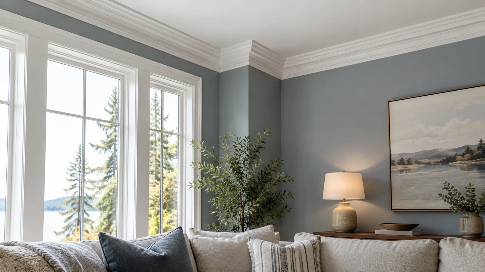 White crown moulding above blue-grey living-room walls and tall windows