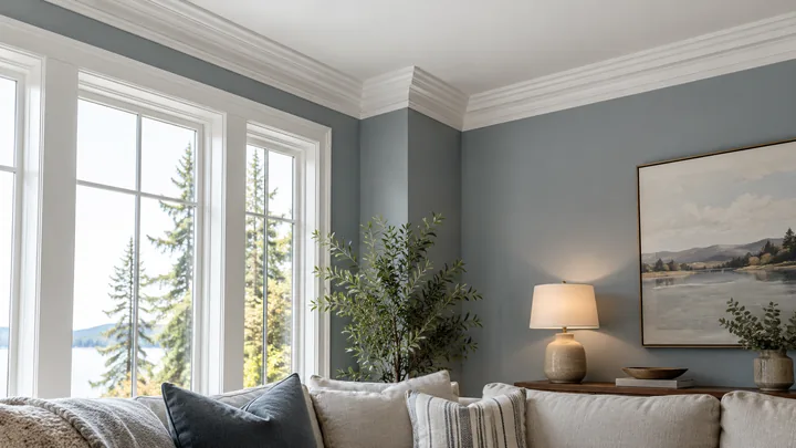 White crown moulding above blue-grey living-room walls and tall windows