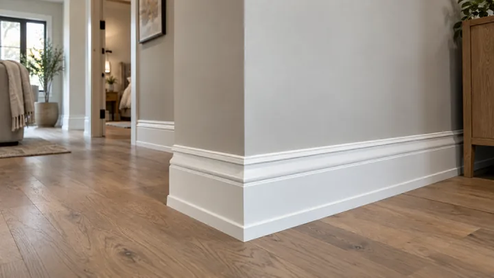 White profiled baseboard wrapping an outside wall corner above wood flooring