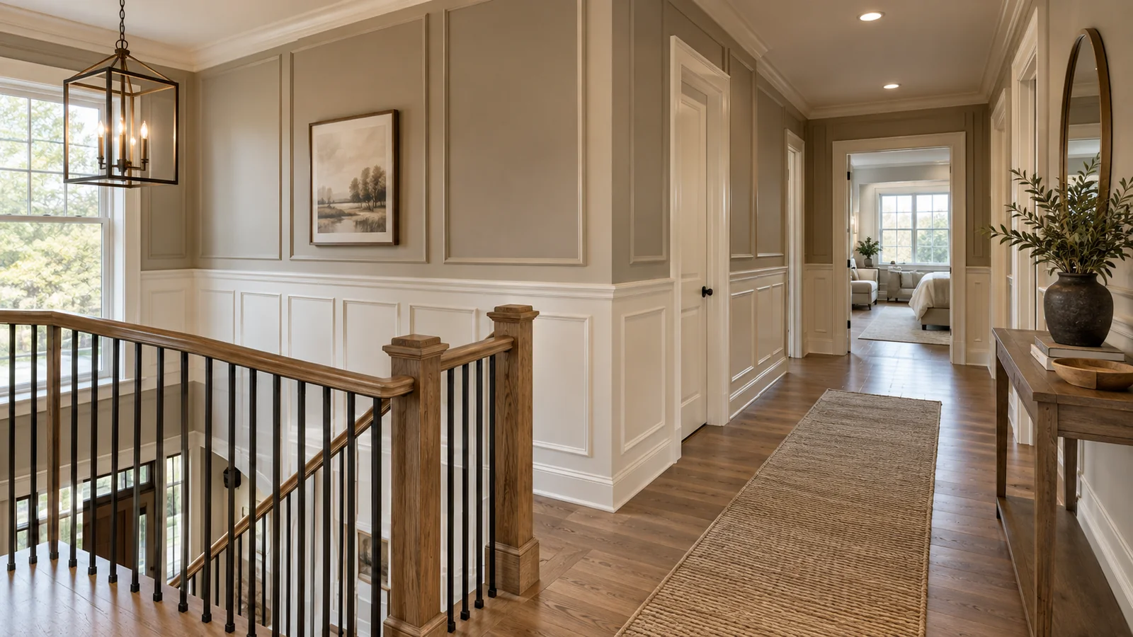 White wainscoting and tall picture-frame moulding along a stair landing