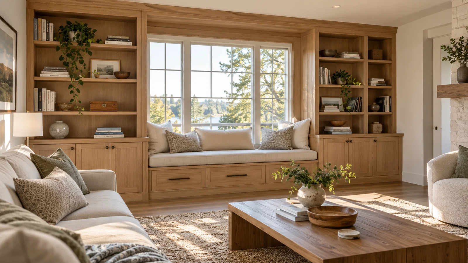 Wood built-in shelves and cabinets framing a cushioned window seat